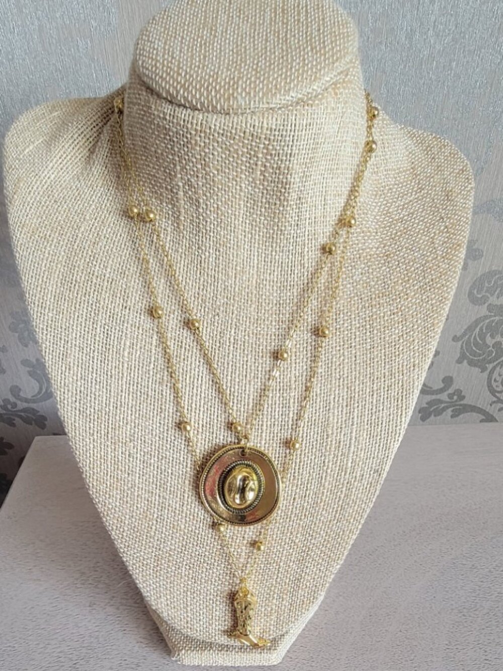 Gold Tone Layer Cowboy Hat and Boot Necklace